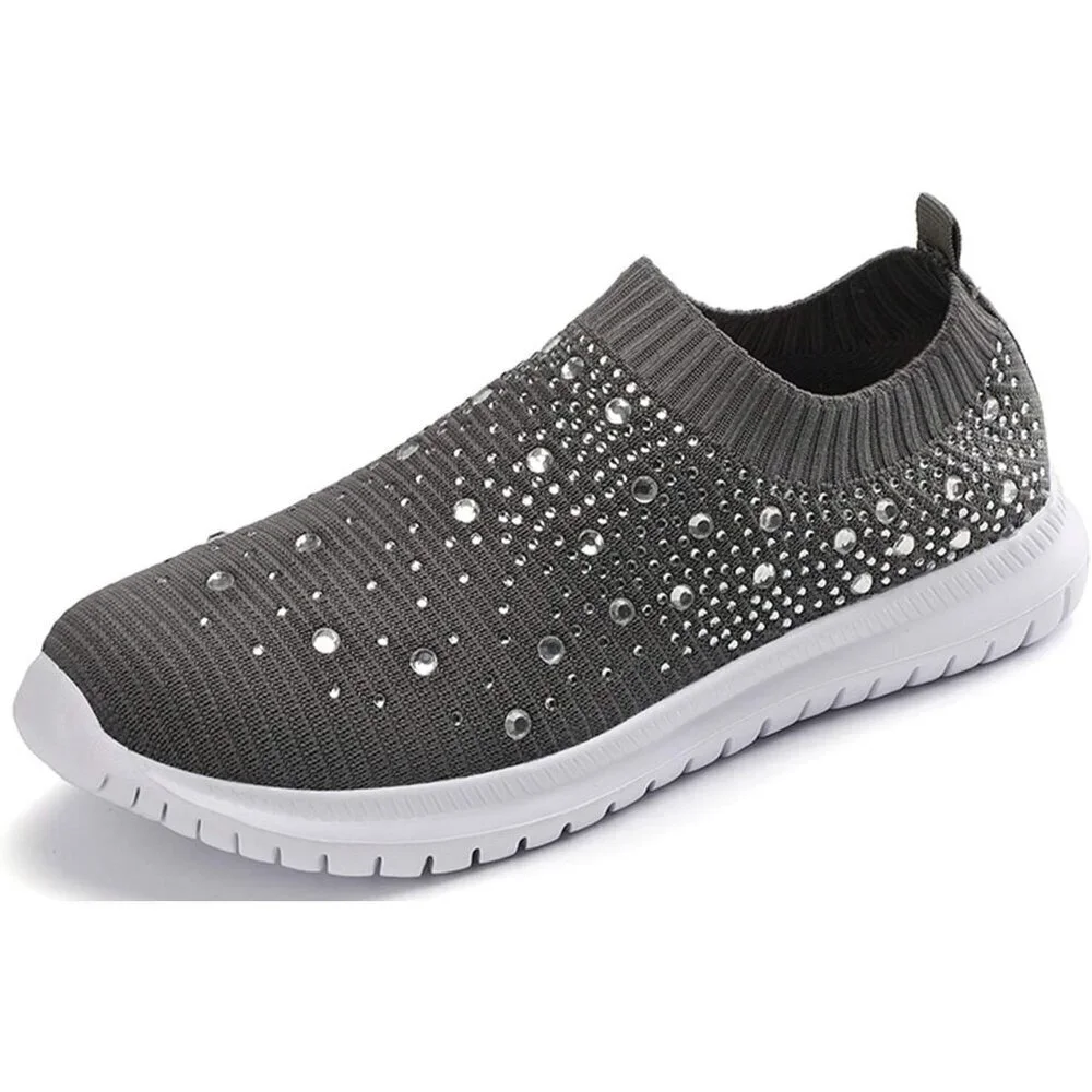 Women's Mesh Walking Shoes Rhinestone Glitter Slip On Ballroom Sneakers Grey